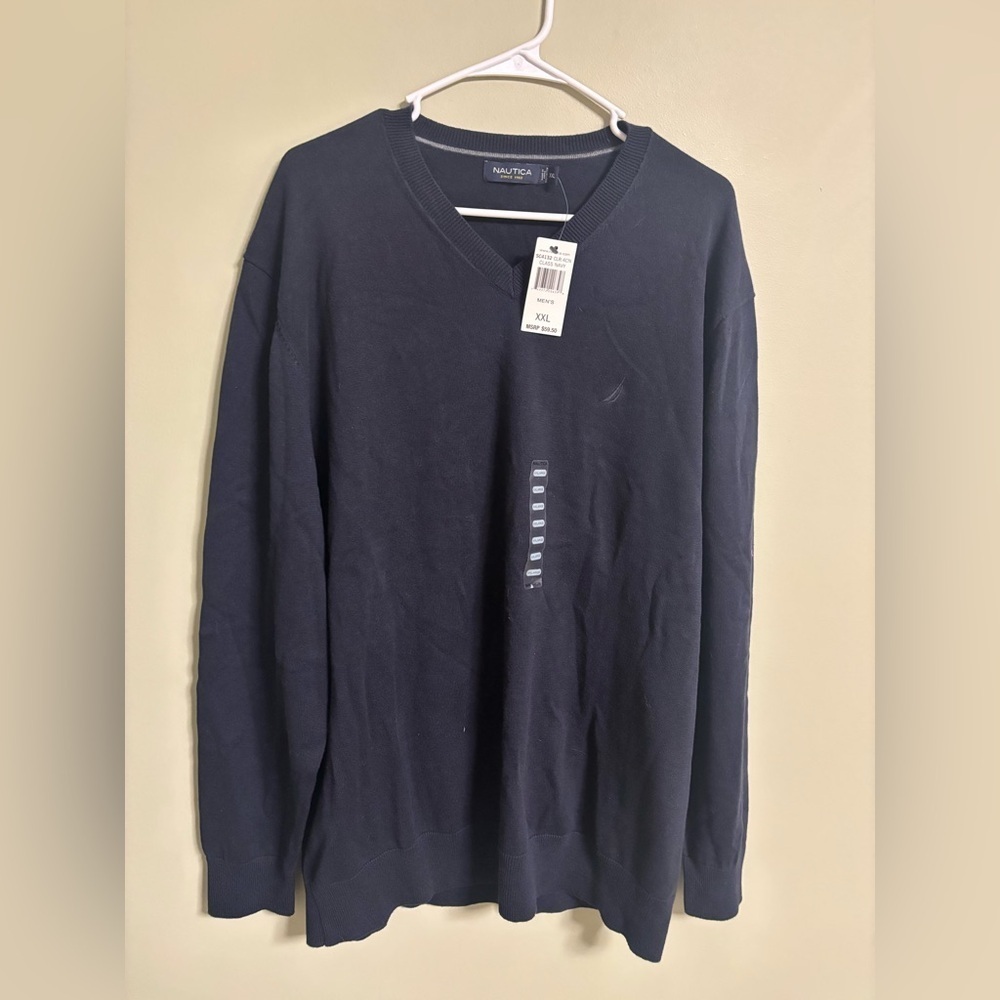 Nautica Mens Size XXL Pullover V-Neck Sweater New 100% Cotton Navy Blue